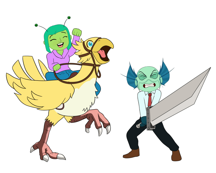 Daeva the alien riding a chocobo while Jacob the fishman struggles with a buster sword