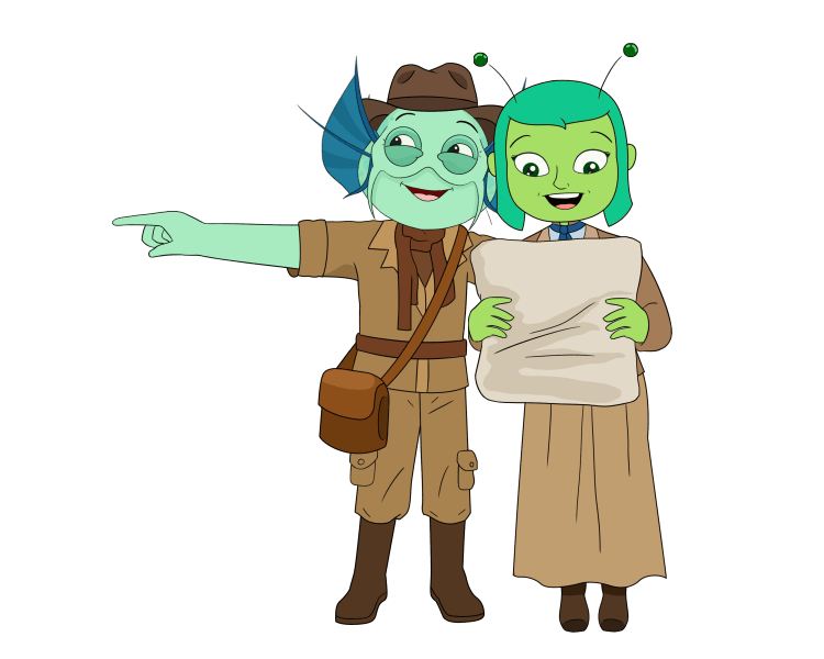 Jacob the fishman and Daeva the alien wearing archaeology outfits